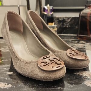 Tory Burch Taupe Suede Flats with Emblem